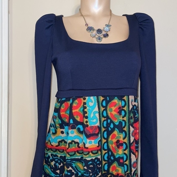 Judith March women’s medium 8 10 dress mini long sleeve pattern blue stretch - Picture 2 of 8